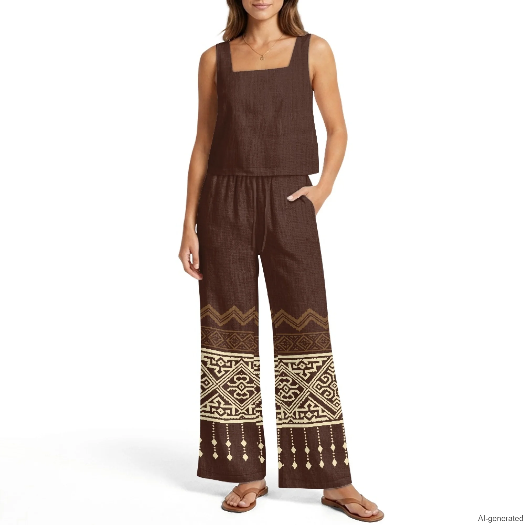 INSTANTARTS Women's Vest Wide-Leg Pants Linen Suit 2Pc Summer Casual Outfits Stripes Print Sleeveless Vest Wide Leg Pants S-2XL