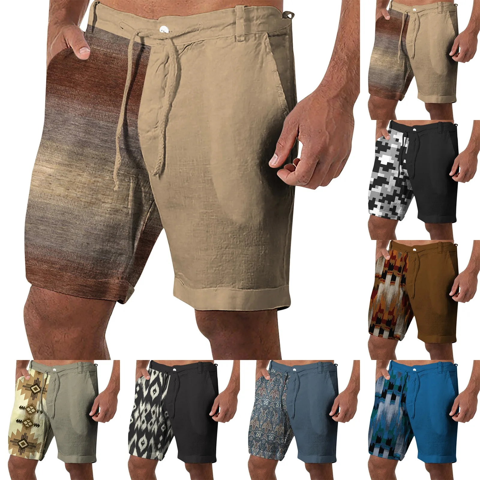 Men'S Casual Shorts Cotton Linen Loose Straight Beach Shorts Fashion Ethnic Print Splicing Solid Color Shorts With Pockets