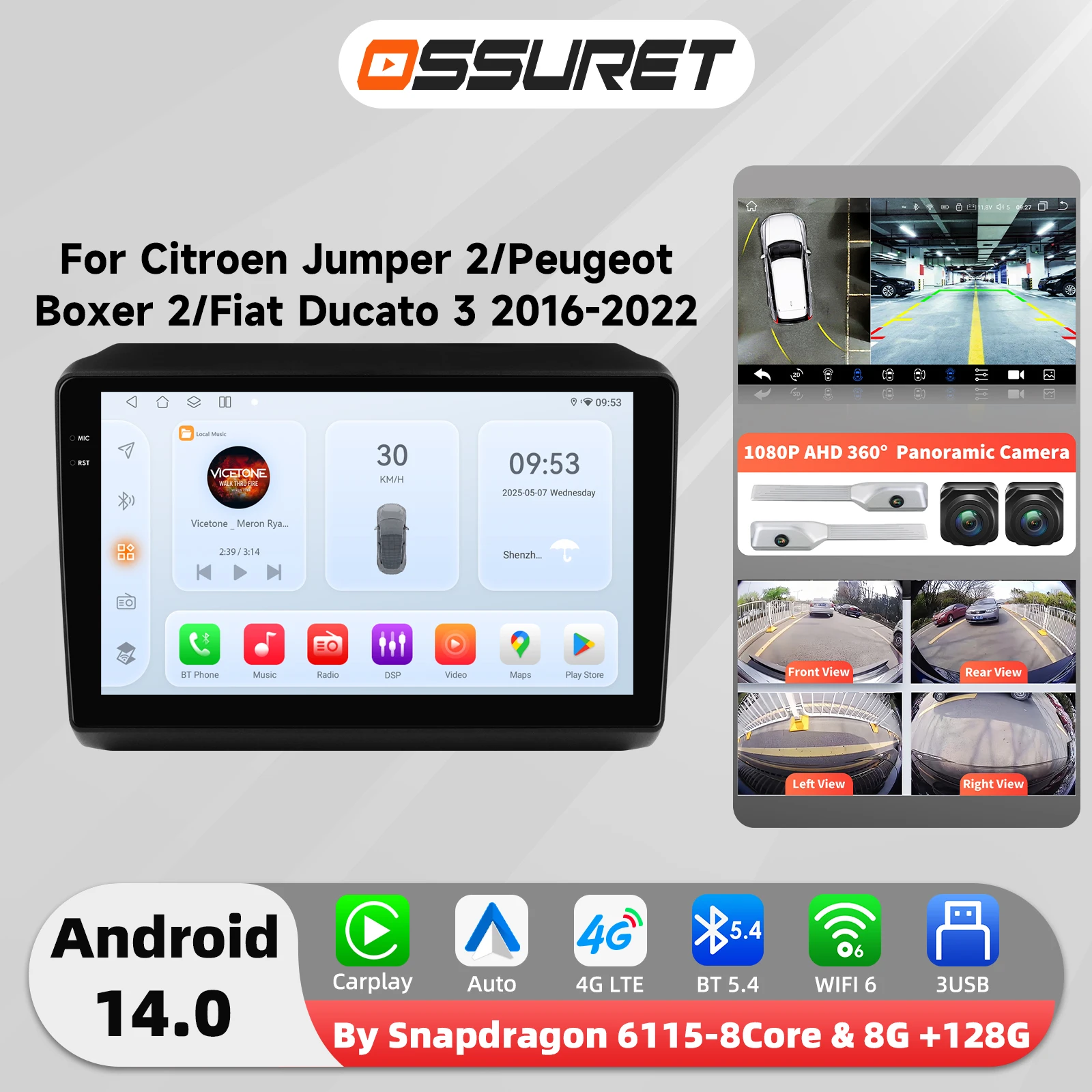 Autoradio Android 14 pour Fiat Ducato 3 citroën Jumper 2 Peugeot Boxer 2 2016-2022 lecteur multimédia 4G 8 cœurs Autoradio Carplay