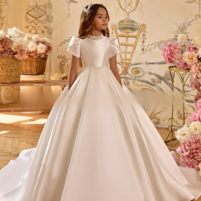 White Wedding Dress for Girls New Satin Princess Host Piano Performance Pageant Costume Party Gown Clothes Children Birthday