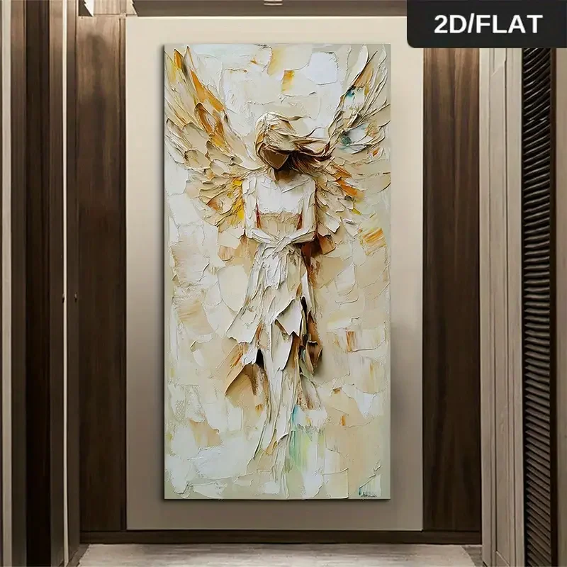 (1PC Unframe)1pc Large Modern Abstract Angel Painting - Beige & Golden No Framed Textured Angel Wing Wall Art, 50x100cm/19.7