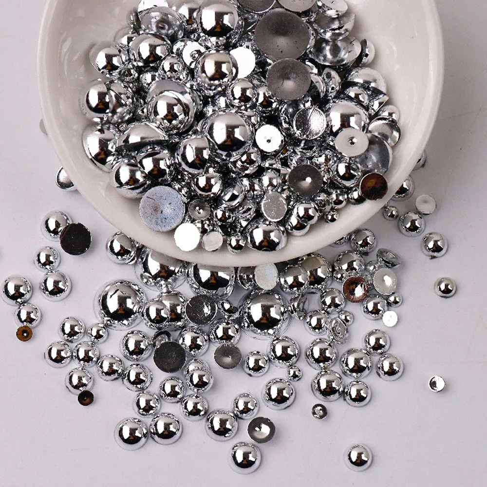 화이트 실버 하프 라운드 플랫 백 진주 3mm-10mm 240 개/가방 액세서리 다채로운 ABS 모조 수지 비즈 네일 아트 장식
