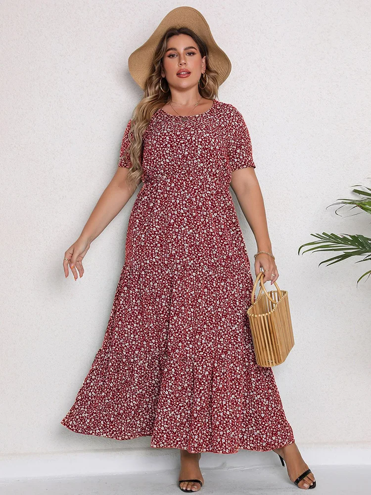 GIBSIE Plus Size O-Neck Ditsy Floral Ruffle Hem Dress Women 2024 Summer Short-sleeved Vacation Bohemian Beach Maxi Long Dresses