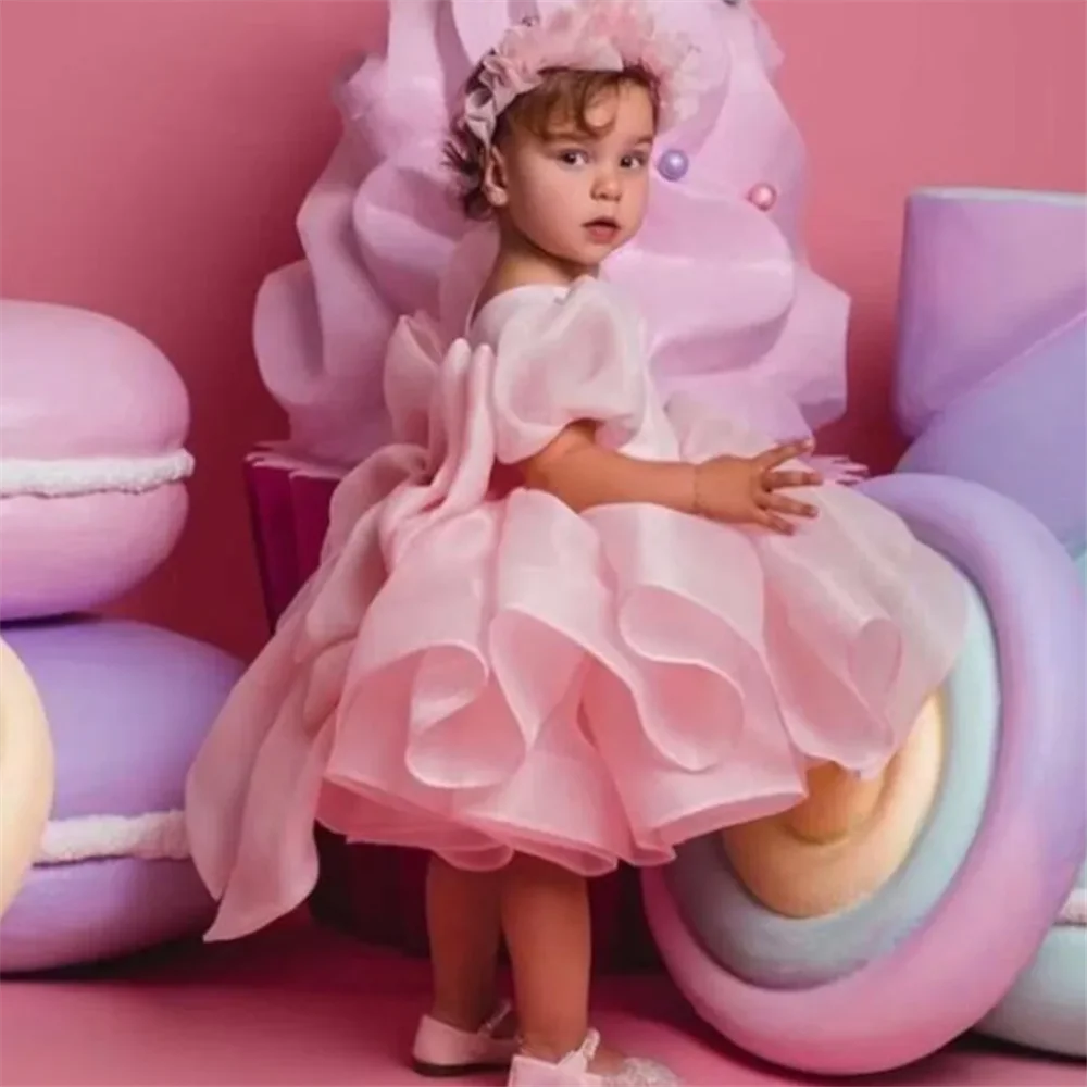 

Puffy Flower Girl Dress For Wedding Light Pink Short Sleeves With Bow Princess Birthday Party First Communion Ball Gowns
