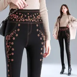 Autumn Winter Women Elastic High Waist Leggings New High Elasticity Breathable Slim Fleece Warm Flowers Black Casual Trousers