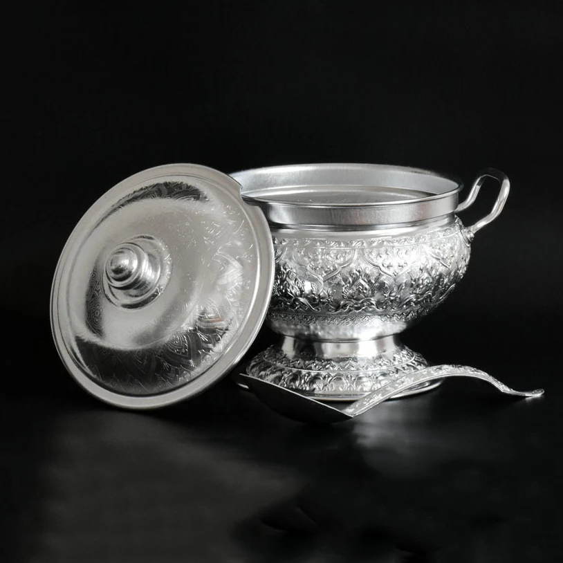 GIEMZA Relief Metal Container 1pc Tall Pan Flower Thailand Tableware Soup Container Southeast Asian Rice Pot with Spoon