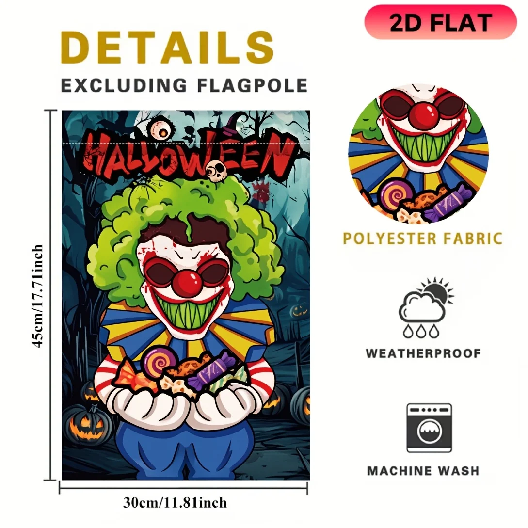 Flat Garden Flag 1 Piece, Green Hair Horror Clown Candy Halloween Garden Flag, Halloween Celebration Flag, Durable Polyester Material, Very Suitable for Garden, Lawn, Courtyard, Home, Outdoor, Beach Decoration Flags, Halloween Celebration Decoration Flag
