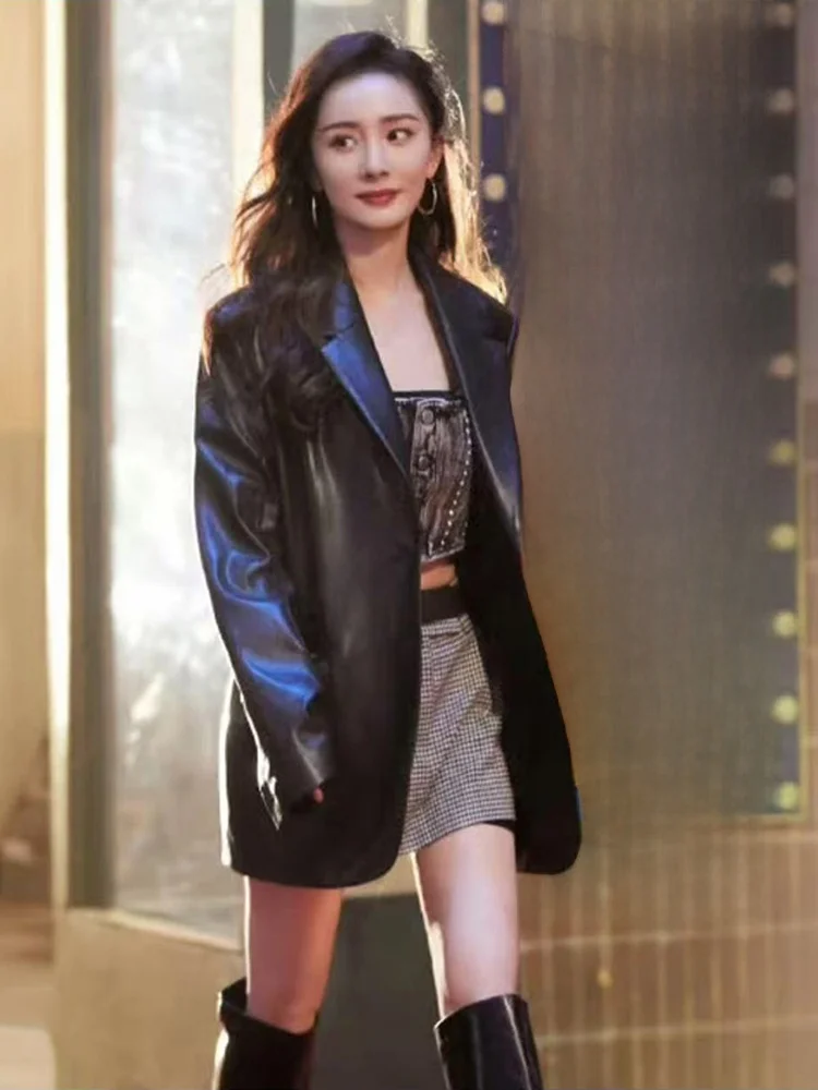 Damski płaszcz ze skóry naturalnej, średniej długości, w stylu Yang Mi, elegancki, na wiosnę i jesień, z wyższej półki, skóra bydlęca, styl biznesowy.