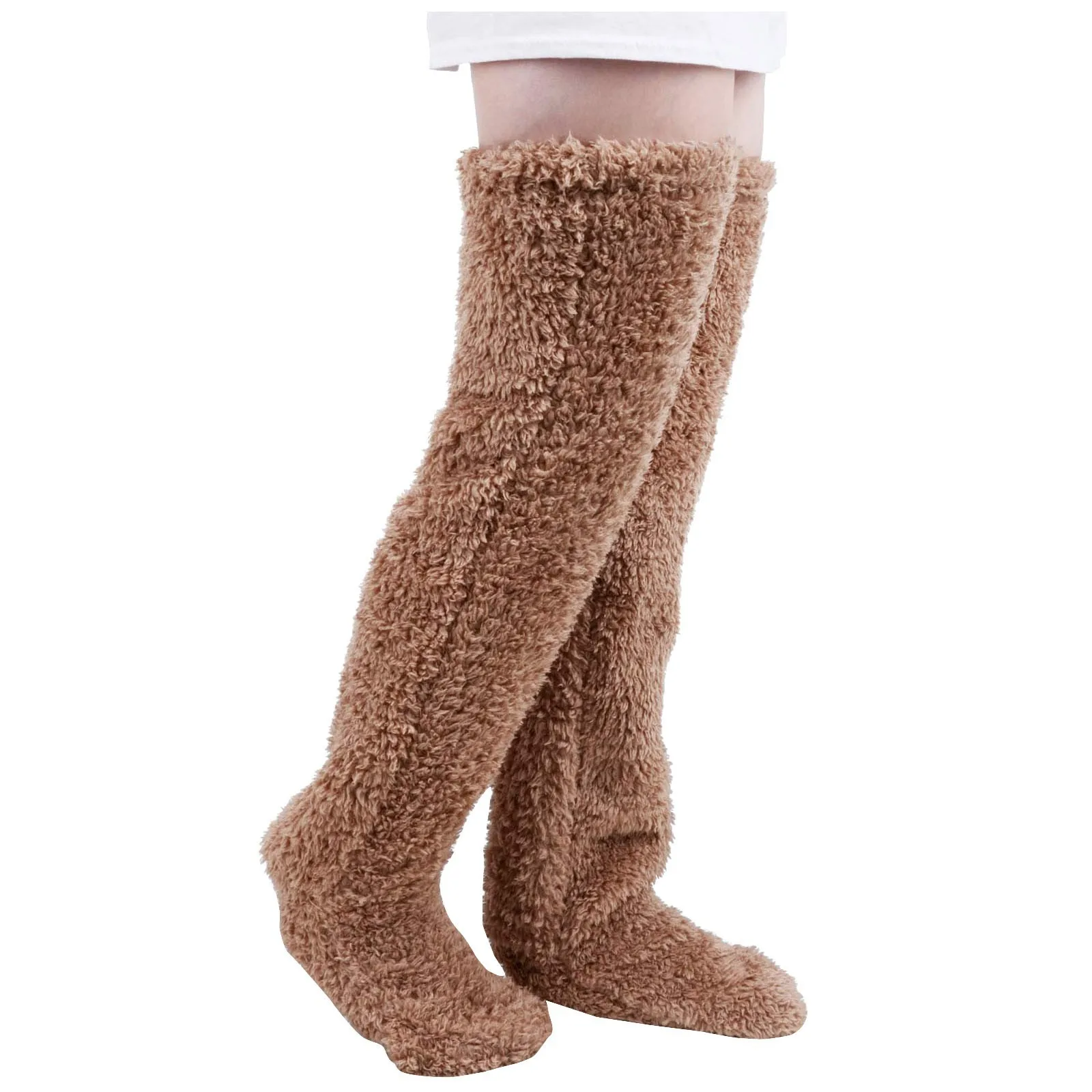 

Women Fluffy Socks Winter Coral Velvet Solid Color Over Knee Stockings Fleece Thicken Warm Breathable Foot Open Home Sockings