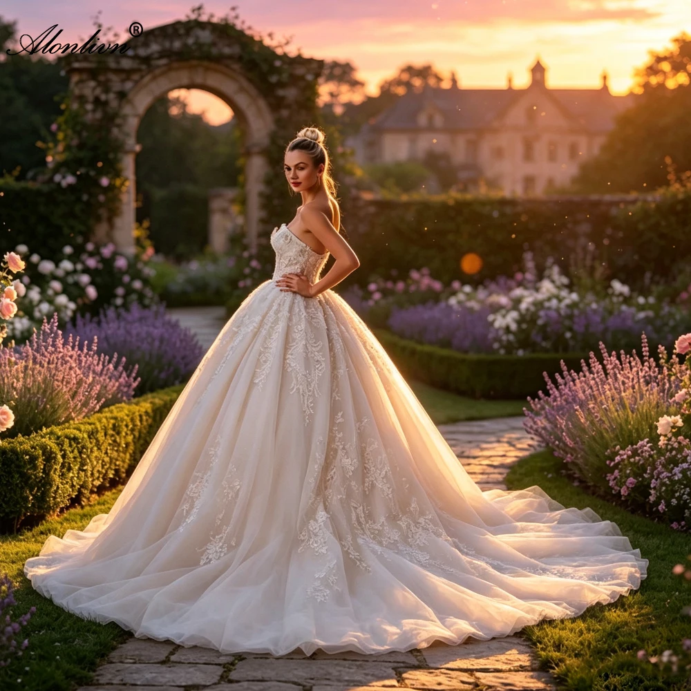 Alonlivn Customize Made New Arrival Ball Gown Vestido de Noiva Romantic Embroidery Wedding Dress With Beading 3D Flowers
