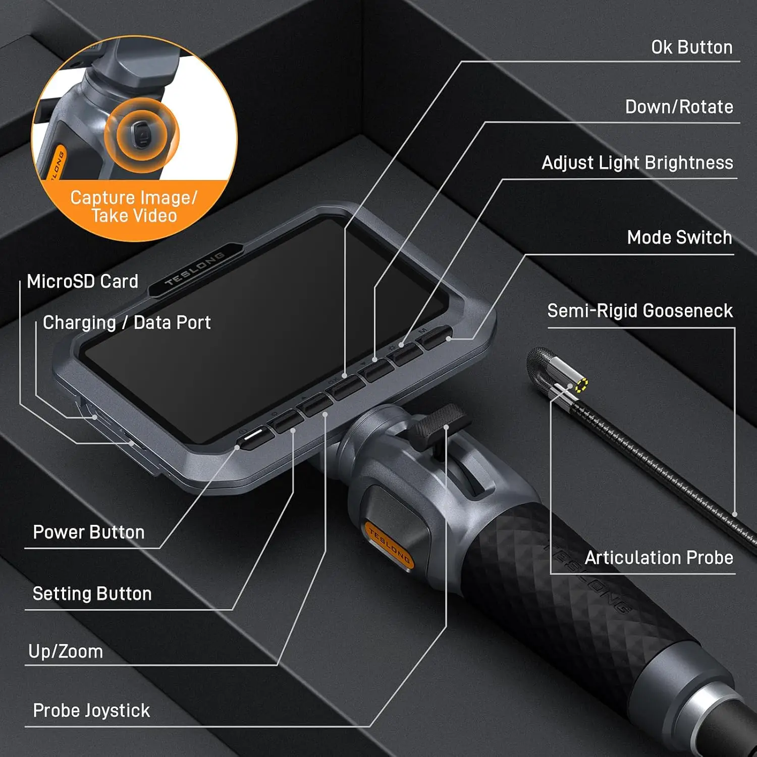 TESLONG TD300P 5.5MM Articulating Borescope 1080P 5 Inch IPS Two Way 210° Steering Endoscope Camera 1.55m Elastic Tube