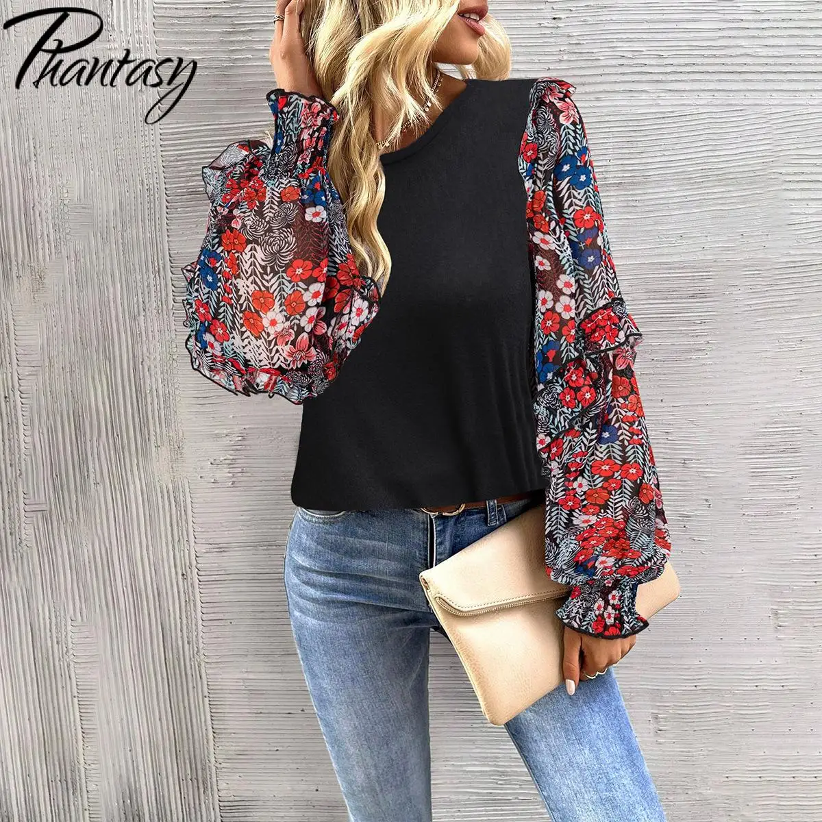 Phantasy Office Lady Commuting Tops Autumn Women Casual Printing Patchwork Blouse Long Sleeve Fashion Elegance Clothes