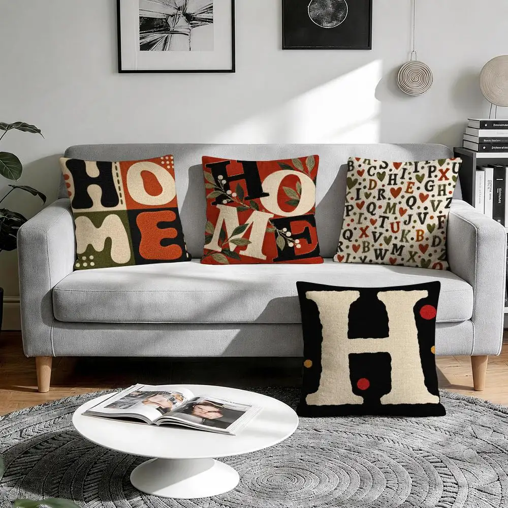 Home Typography Cushion Cover 1/4Pcs Linen Throw Pillow Covers Double-Side Print Sofa Couch Living Room Decor