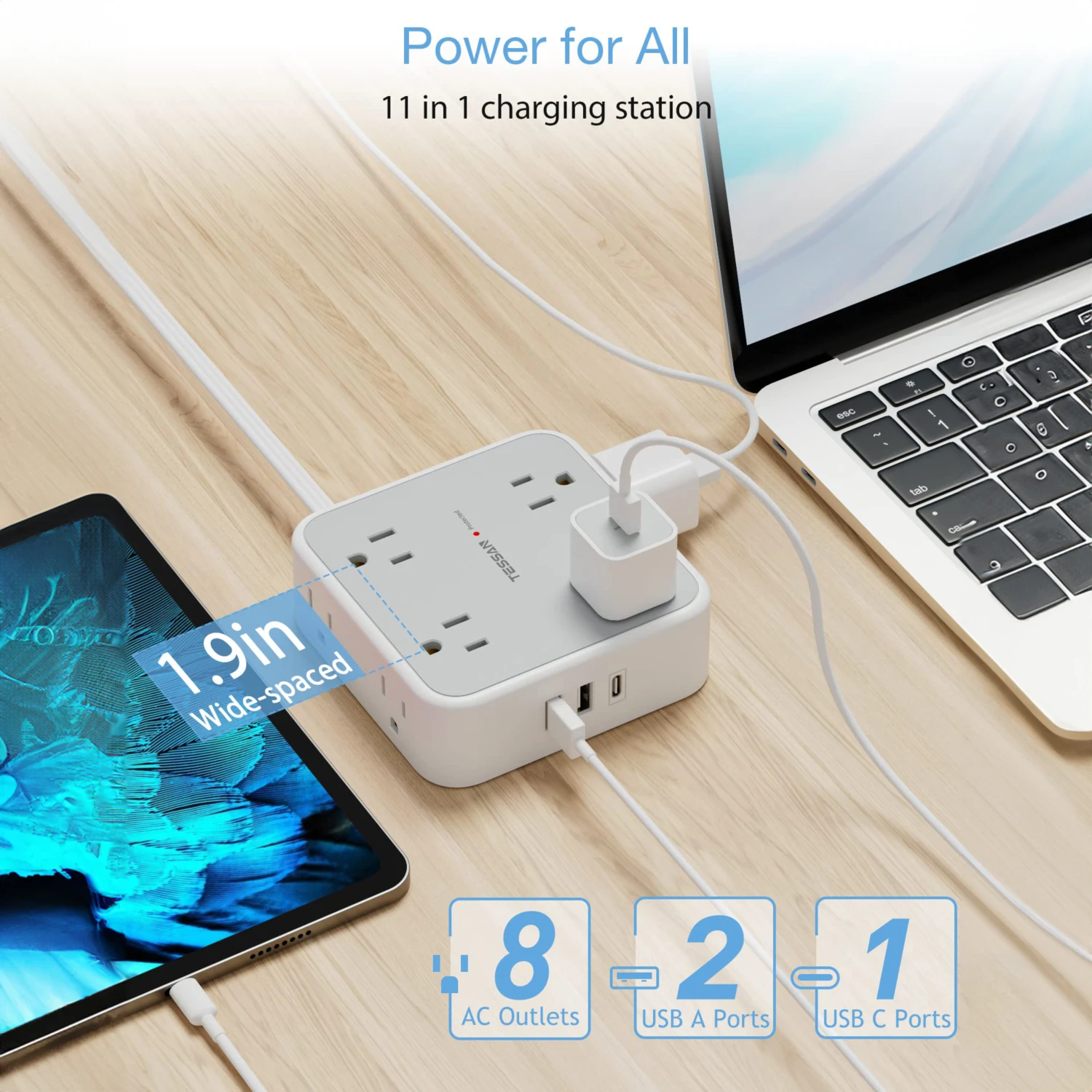 TESSAN Ultra-Thin Flat Plug Power Strip with 8 AC Outlets 3 USB Outlets 11-in-1 Power Strip with 5ft/10ft/15ft Extension Cable