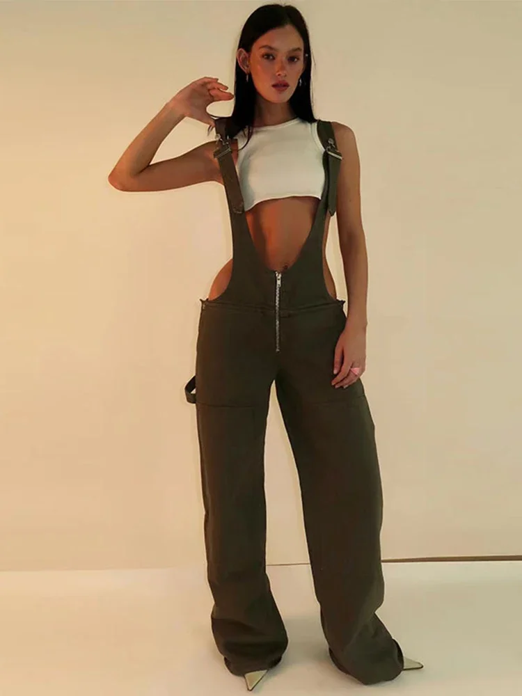 Women's 2025 Adjustable Straps Denim Overalls Exposed Zipper Detail Slant Pockets Utility Jumpsuit Streetwear Chic Stretch Fit