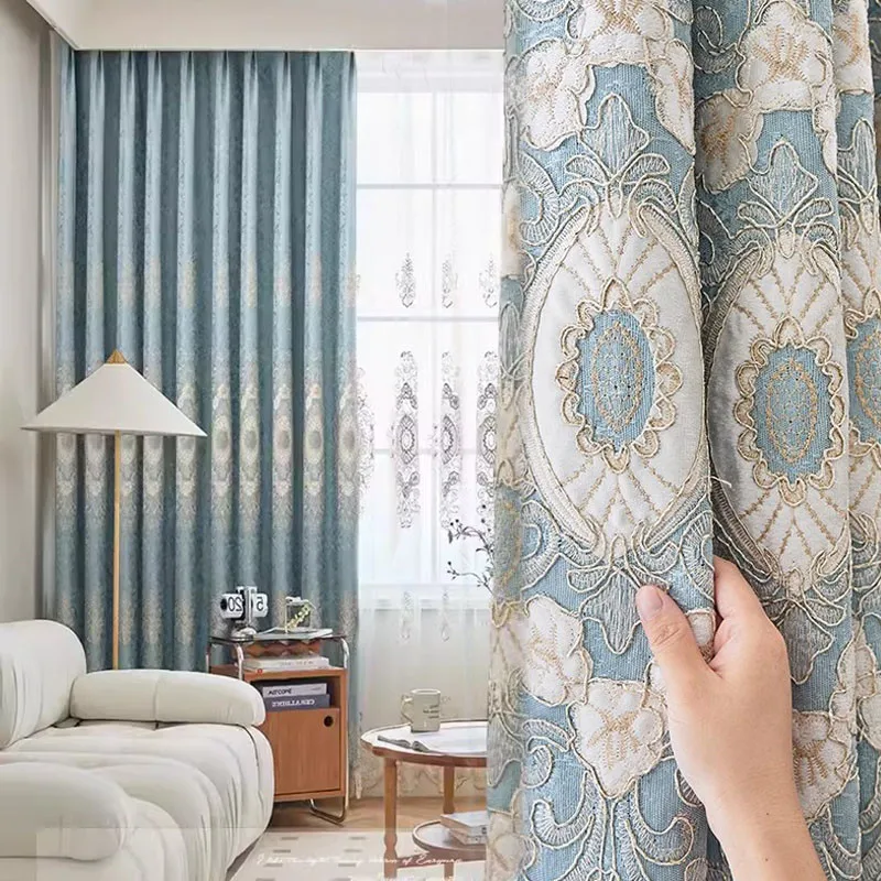 European Style Luxury Living Room Curtain Light Blue Elegant Chenille Blackout Curtains For Bedroom Villa Home Decor Custom