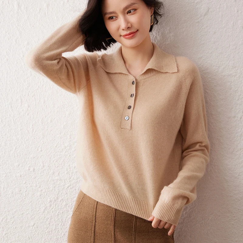 

100% Cashmere Knitted Sweater for Women, Turn-Down Collar Pullover, Long Sleeve Solid Color Sweater, Breathable Base Shirt Top