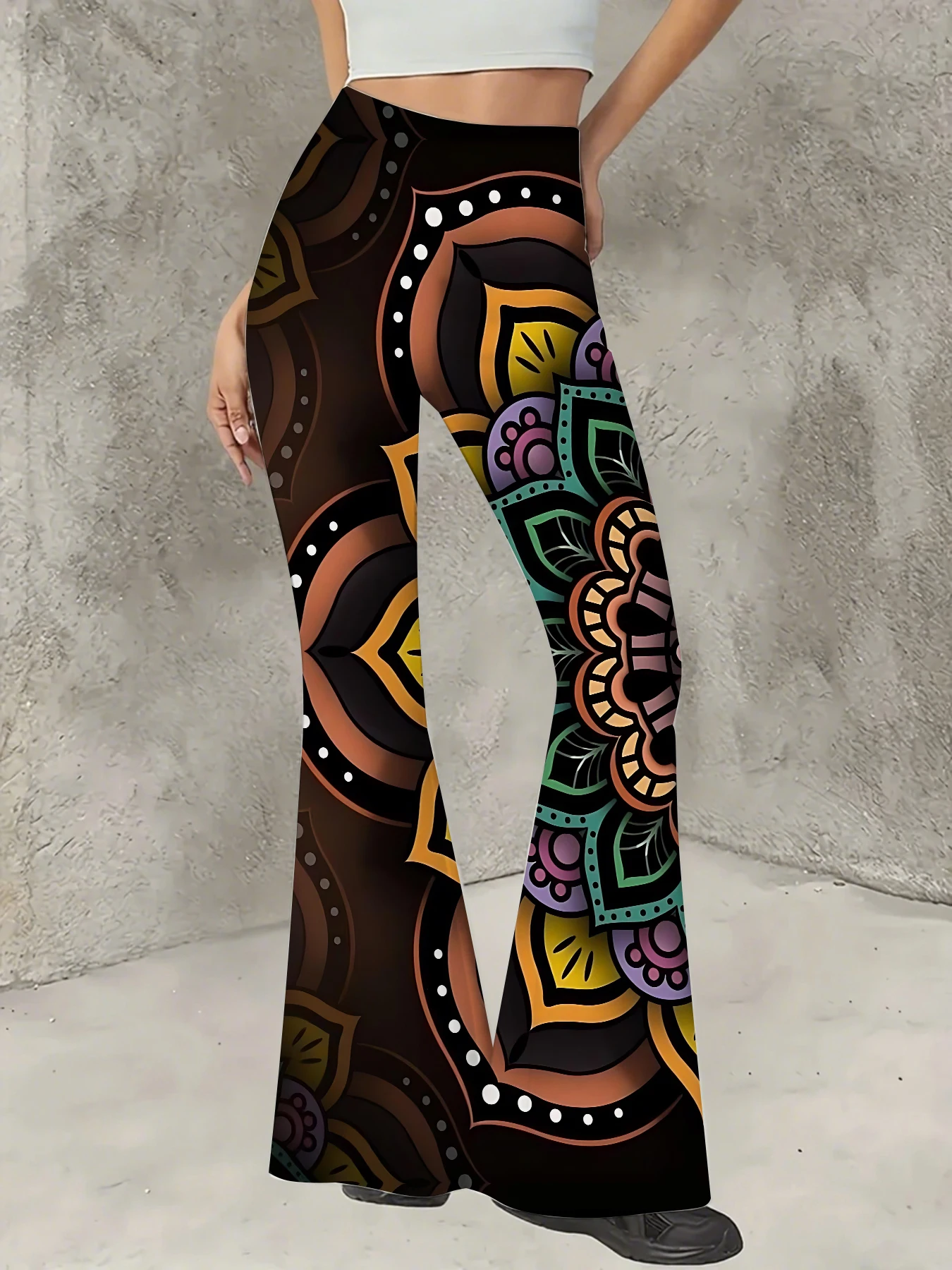 

Retro Printed Flare Pants Women High Waist Polyester Knit Bell Bottom Trousers