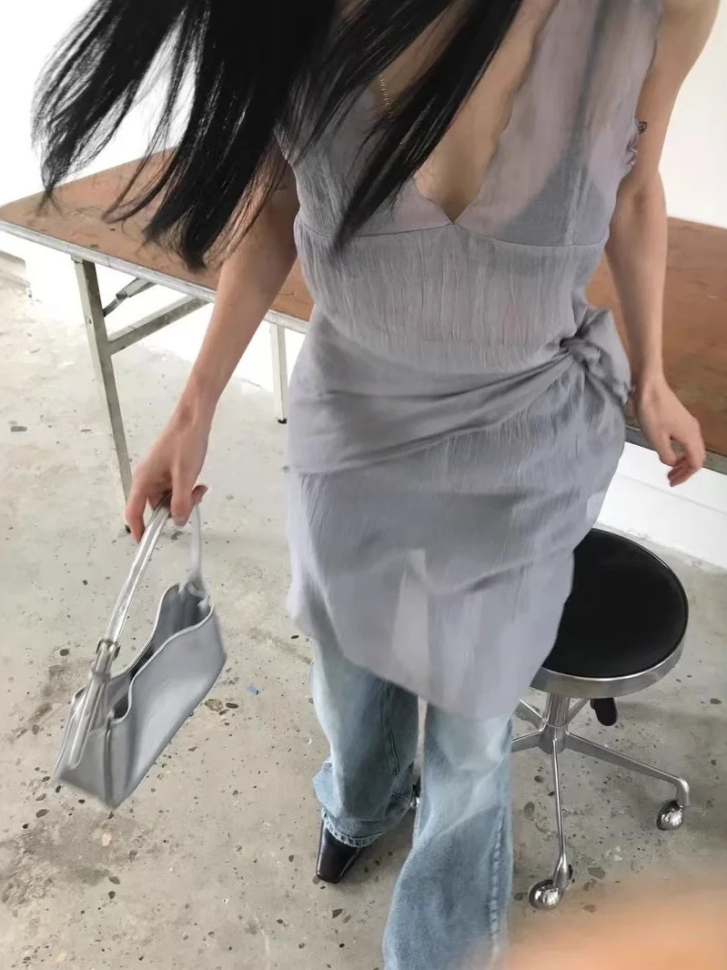 Vestido de Verão Estilo Casual com Ombros à Mostra e Lenço Triangular Design de Camadas com Borda em Madeira Alta Cintura Ves...