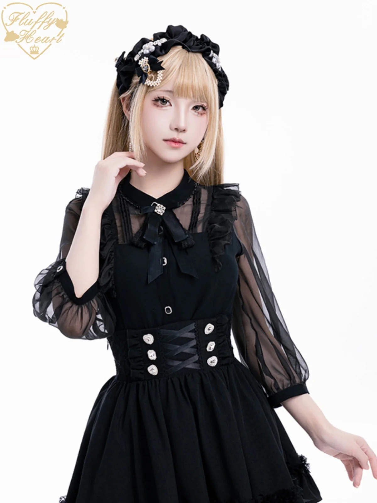 Japanese Style Chiffon Blouse New Summer Ladies Semi-Transparent Girlish Rhinestone 3/4 Sleeve Sweet Shirt Elegant Lolita Tops