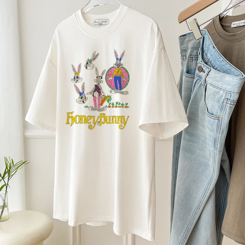 2025, Sommer, neu, weiß, komplett aus Baumwolle, altersreduzierend, Cartoon-Druck, fauler Stil, lockeres Kurzarm-T-Shirt für Damen, Tops A313