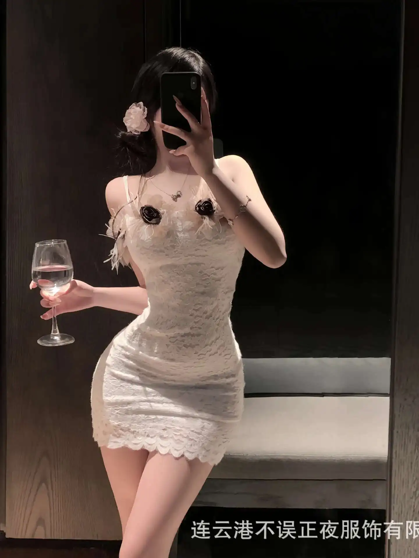 Pure Desire Style Flower Embroidery Lace Mesh Dress Backless Deep V Suspenders Sleeveless Wrap Hip Dress Charming Elegant IXGM #3