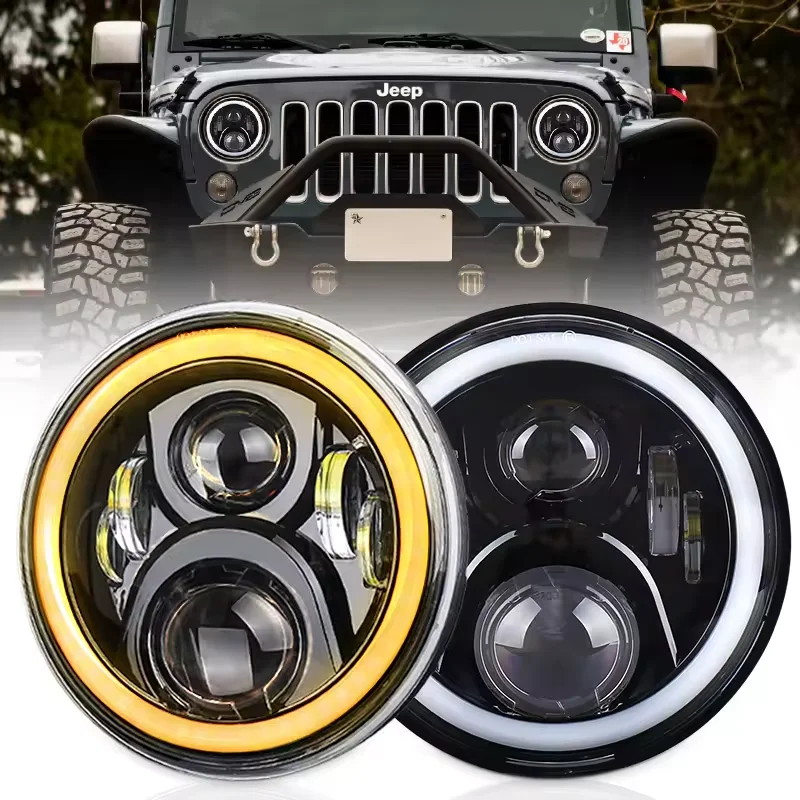 OVOVS 7 Inch H6024 Round LED Headlight High Low Beam White DRL Amber Halo Turn Signal for 2007-2018 Jeep Wrangler JK
