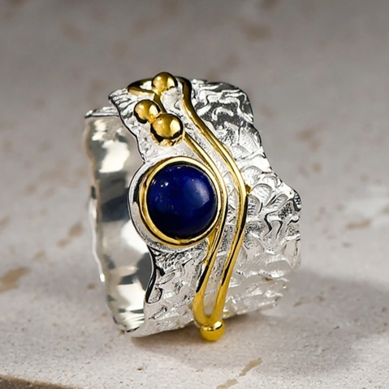 BOCAI S925 Sterling Silver Charms Rings for Women New Fashion Tin Foil Irregular Texture Lapis Lazuli Personality Punk Jewelry