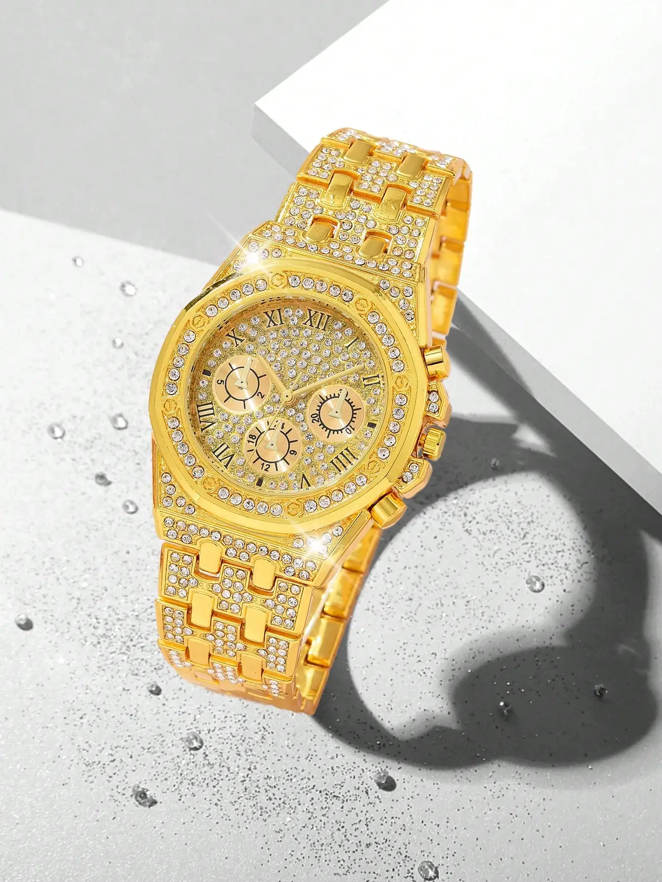 Steel strip men's watch, fashionable starry sky with diamonds, three eye Roman numeral quartz watch