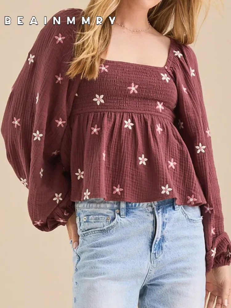 Women Floral Embroidered Smocked Square Neck Shirt Sweet Long Balloon Sleeve Pleated Hem Blouse 2025 Spring New High Street Tops