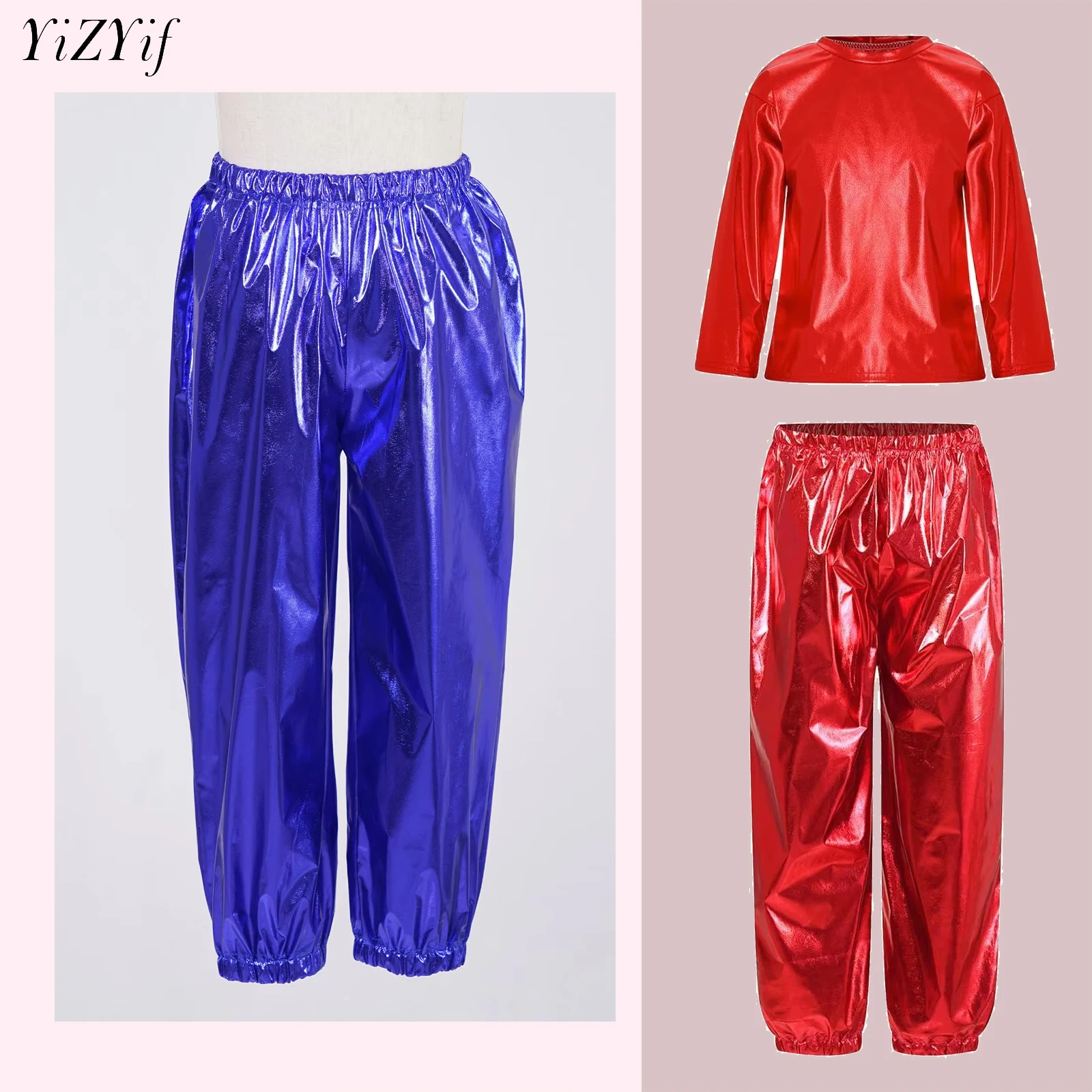 

Children Hip Hop Jazz Street Dance Clothes Set Metallic Shiny Crop Top with Glittery Pants Dancewear for Party Stage Performance