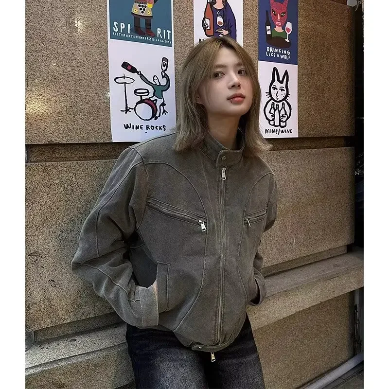 

2024 Autumn Winter New Release Retro Wash Short Denim Jacket – Unique Design Stand Collar Harrington Jacket for Spring and Fall