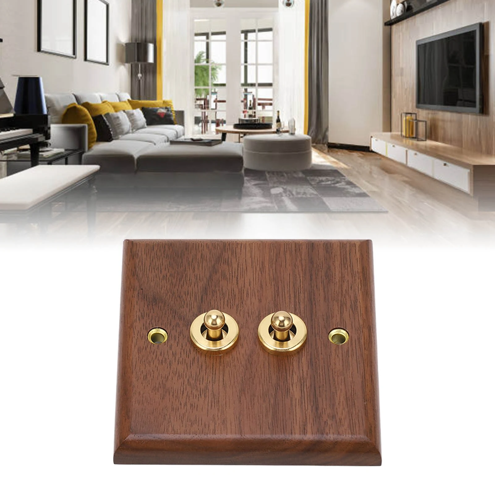 Double Toggle  Retro Walnut Wood Wall Mount Panel with Brass Screw 50HZ 250V Wood Walnut Wall Panel Double Toggle