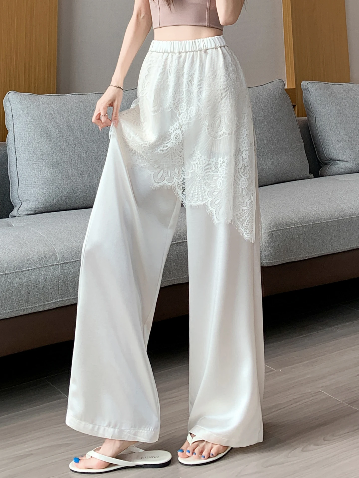 

Summer New Style Women's Lace Ice Silk Wide Leg Pants Thin Drapey Satin Leisure Pants Comfortable High Waist Straight Leg Tro...