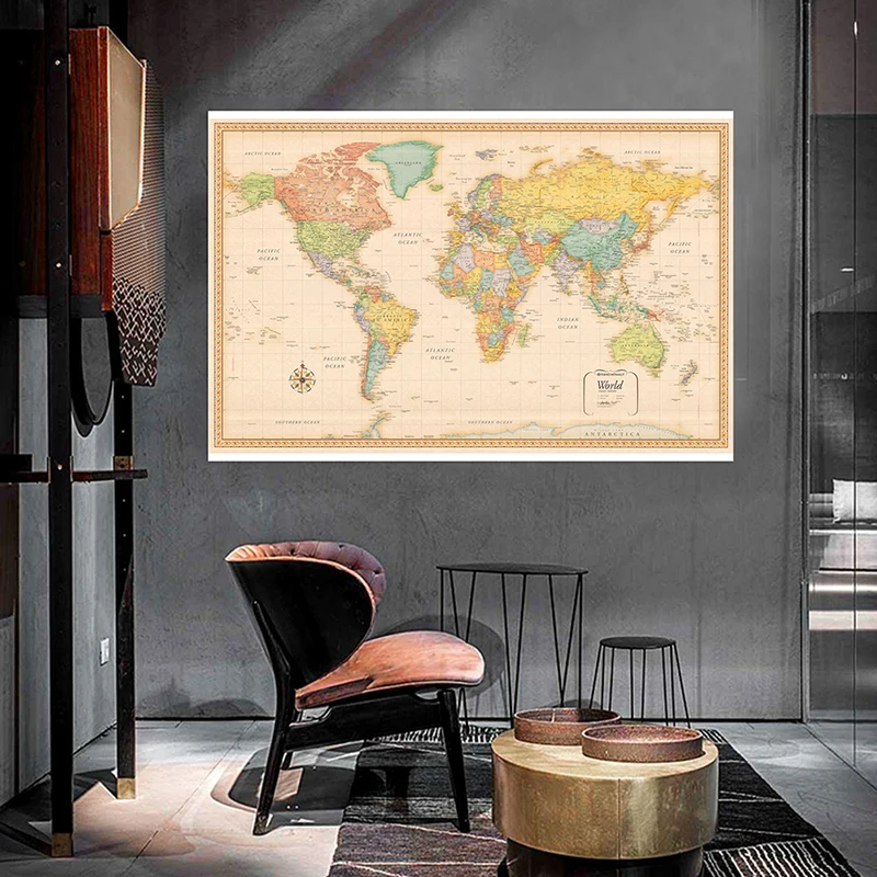 120x80cm World Map Classic Edition Non-woven Vinyl Spray Map Without National Flag Poster and Prints for Home Office Supplies