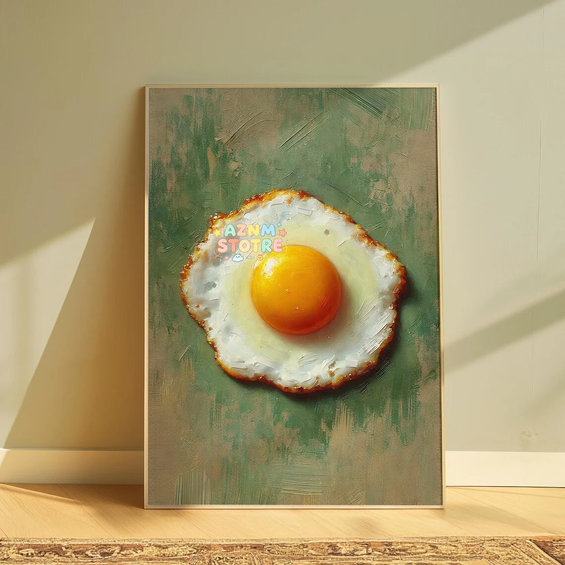 Sunny Side Up Fried Egg – Textured Impressionist Oil Painting Print, Modern Kitchen Wall Decor, Breakfast Art for Dining Room