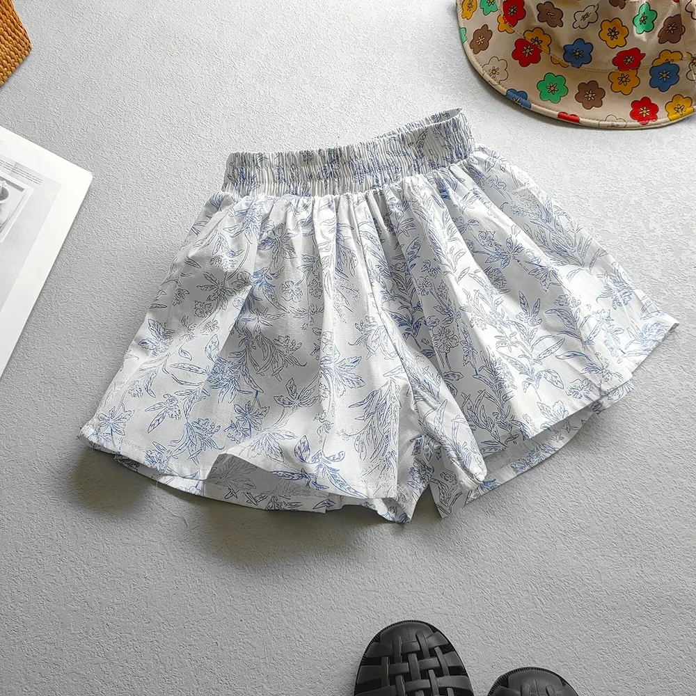 Summer Sweet Korean Edition Girls\' Flower Shorts Versatile Children\'s Casual Loose Pants Skirt Girls\' Wide Legged Pants