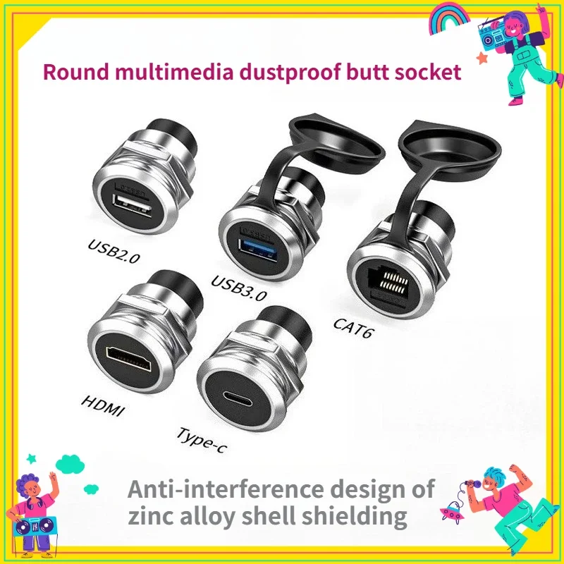 1PCS Metal Round Socket Module RJ45 Straight Through Network USB2.0 USB3.0 Connector Panel Mount CAT6&Type C&HDMI-Jack Converter