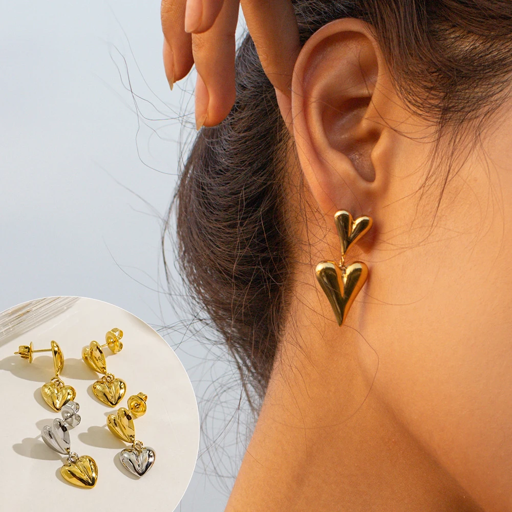 

CARLIDANA Fashion Jewelry Stainless Steel Double-layer Smooth Heart-shaped Love Earrings 18K Gold Plated Earrings For Women