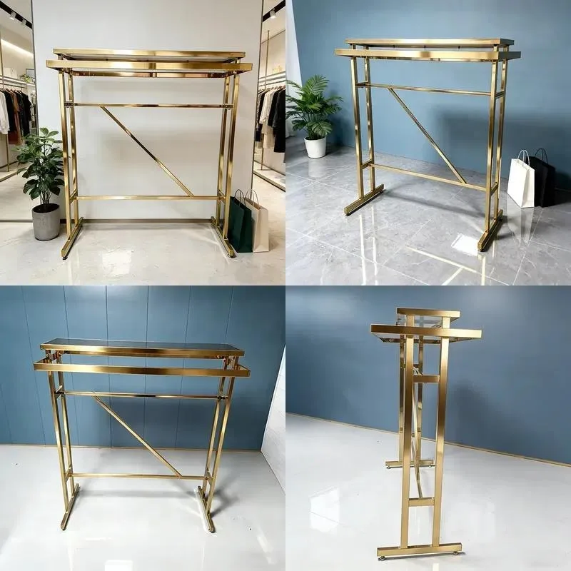 Durable Stainless Steel Double Bar Hanger Sturdy Floor to Ceiling Display Rack with Diagonal Support for In Store