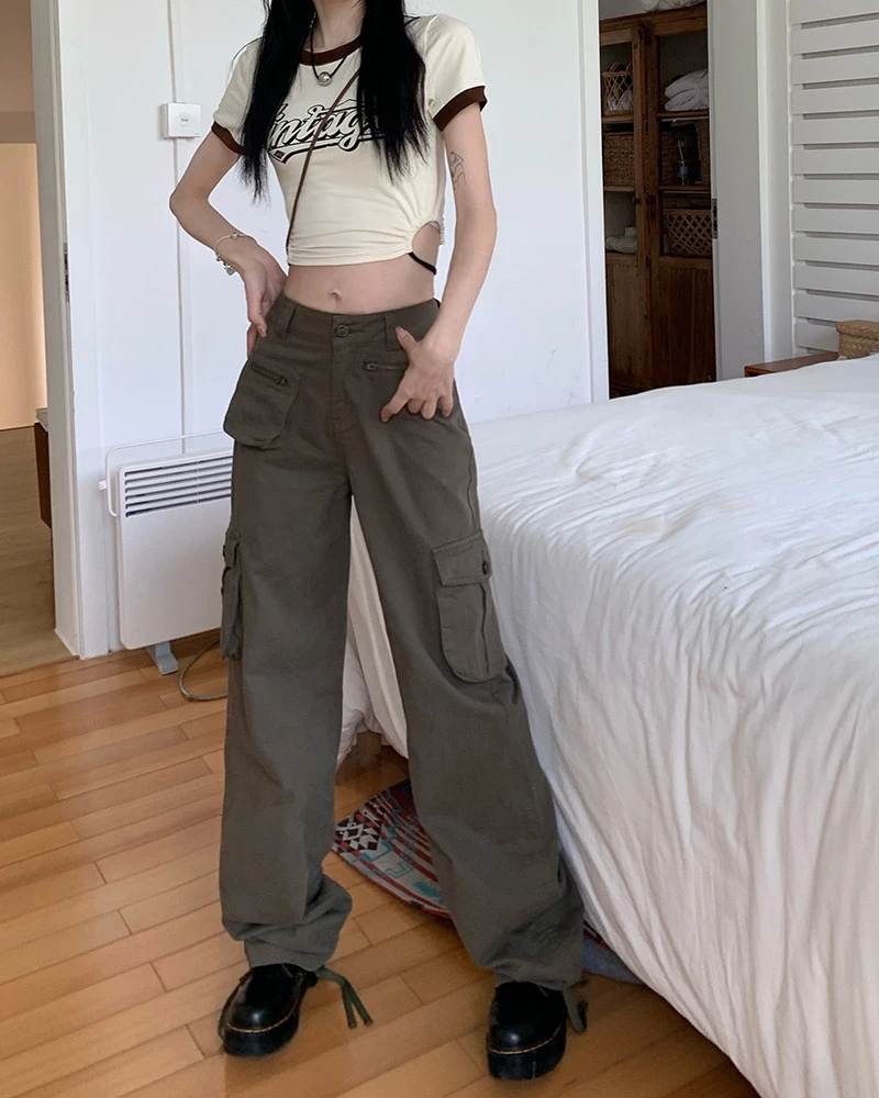 الأمريكية الرجعية العسكرية العمل السراويل النساء شارع العليا Ins كول الساخن فتاة عالية الخصر فضفاضة واسعة الساق جينز غير رسمي