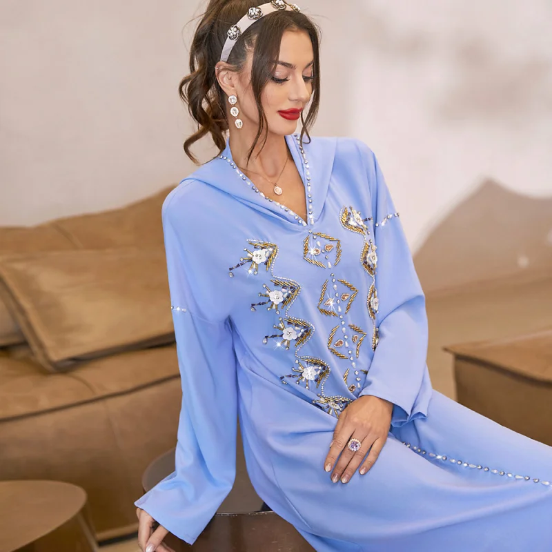

A830 Light Blue Hat Robe Hand-Stitched Golden Tube Three-Dimensional Flower Dress Middle East in Stock Women's Clothing