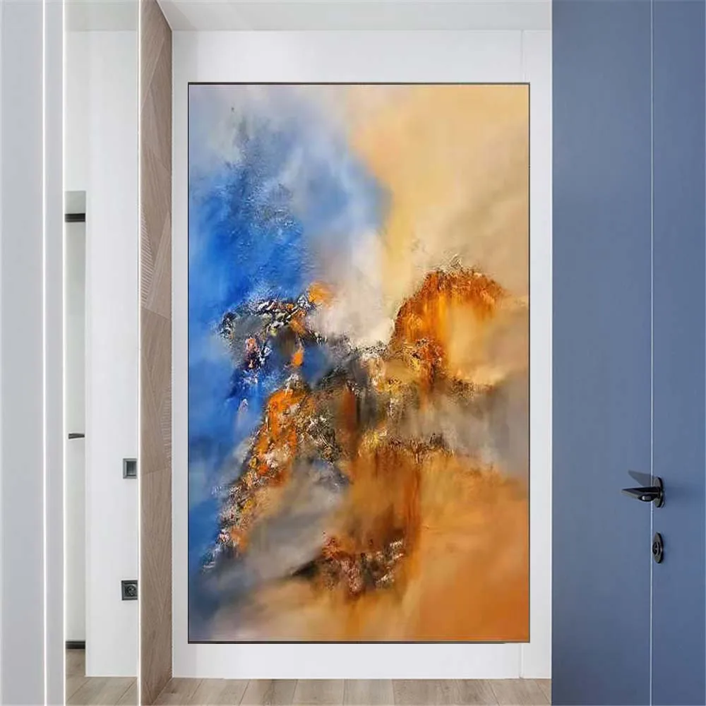 

100% Handmade Thick Simple Blue Orange Texture Oil Paintings On Panel Modern Canvas Paint Trim Wall Art Pictures For Living Room