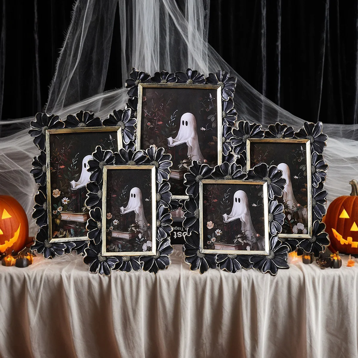 1PC, Halloween Decor Resin Black and Gold Three-Dimensional Daisy Flower-Shaped Decorative Photo Frame