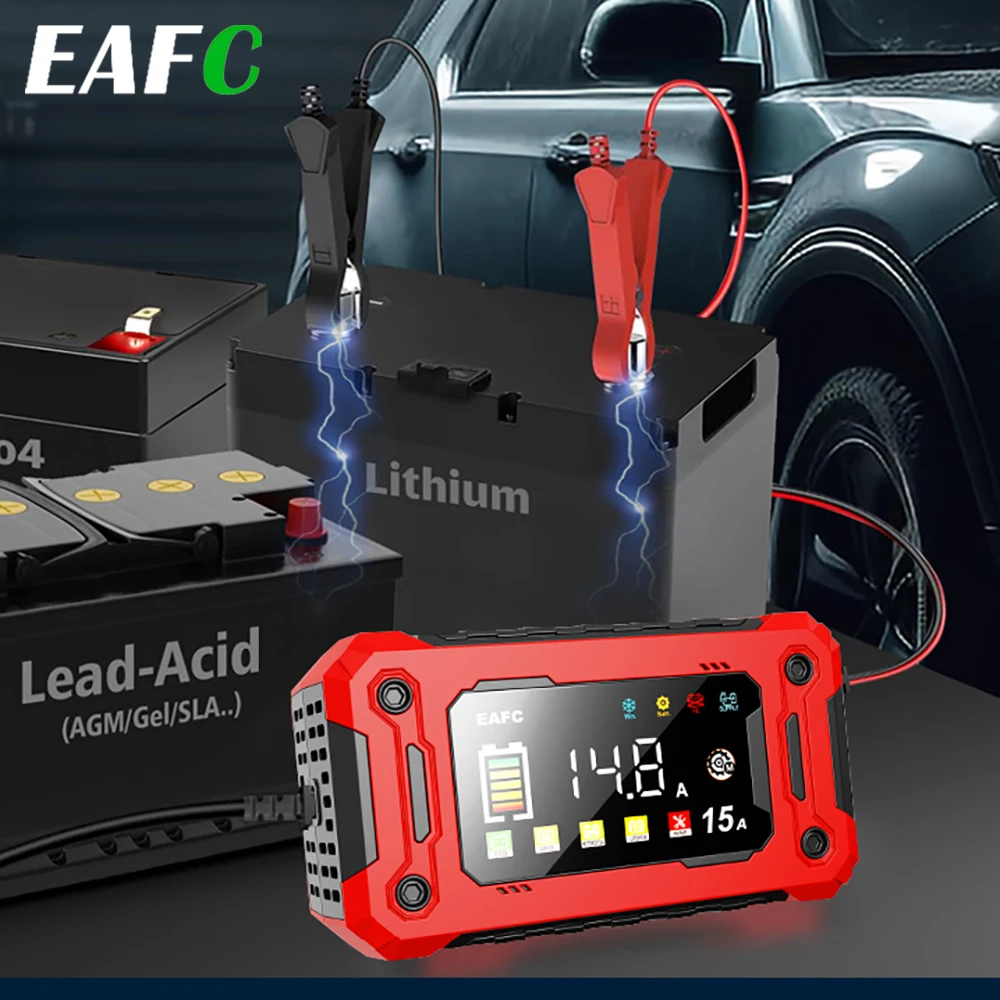 Chargeur de batterie de voiture EAFC 12V 15A, grand écran, chargeur de réparation à impulsions pour auto, moto, SUV, lithium, AGM, plomb-acide, GEL, écran LCD