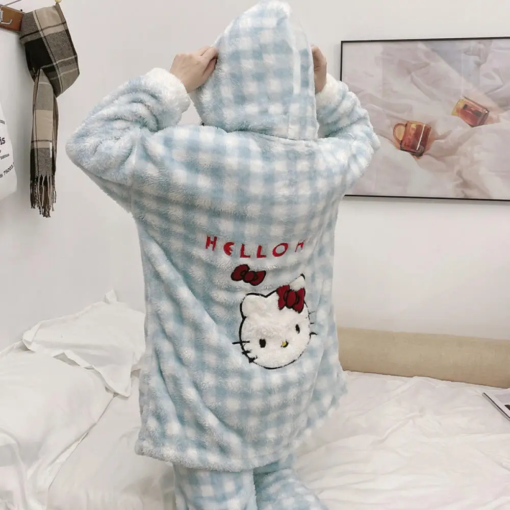 

Женская пижама с брюками в стиле аниме «Hello Kitty», костюм Sanrio Cinnamoroll, милый кавайный зимний кардиган, плюшевый коралловый флис, домашняя одежда с героями мультфильмов