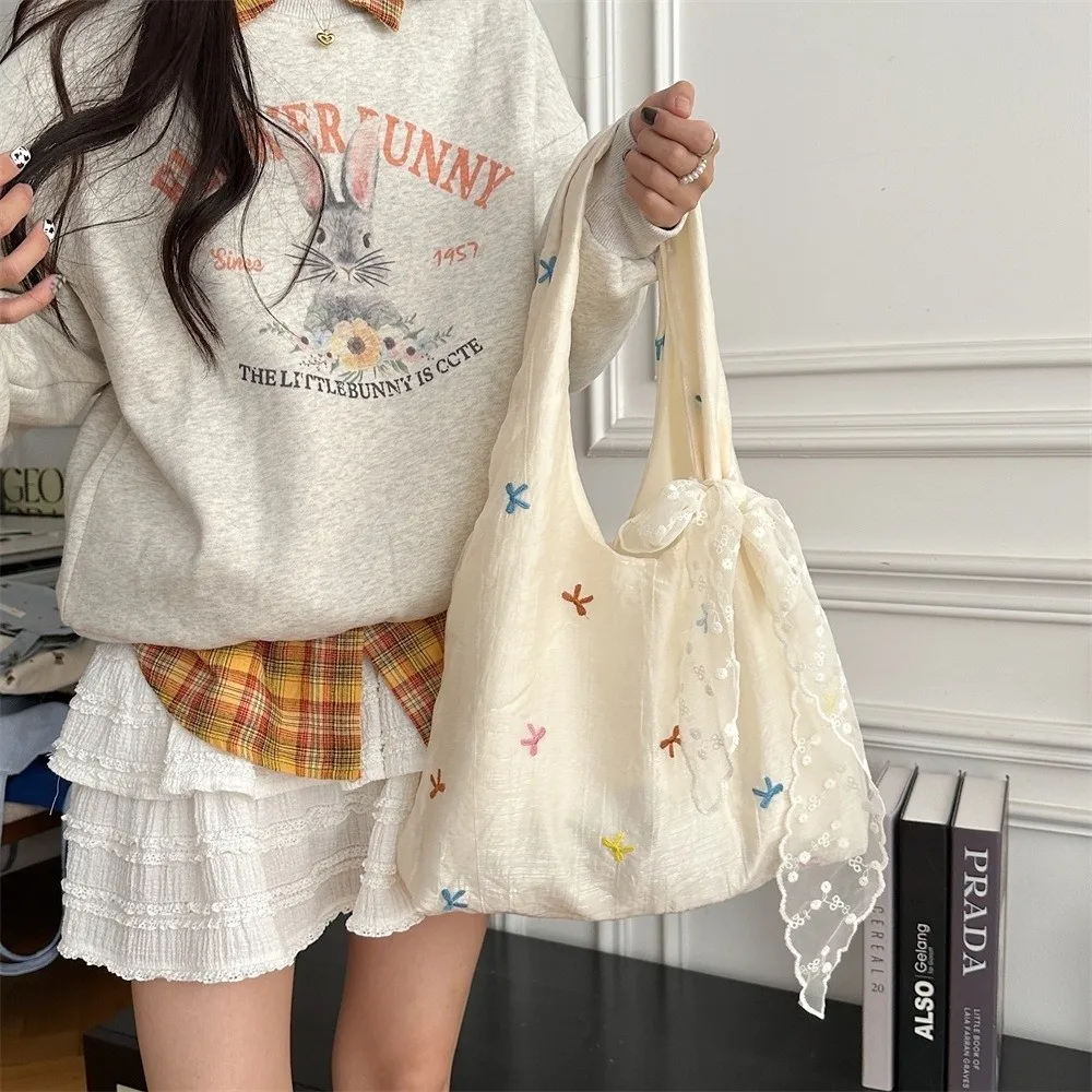 

Sweet Embroidered Bow Tote Bag Chiffon Solid Color Cherry Shoulder Bag Light Weight Korean Style Canvas Underarm Bag Summer