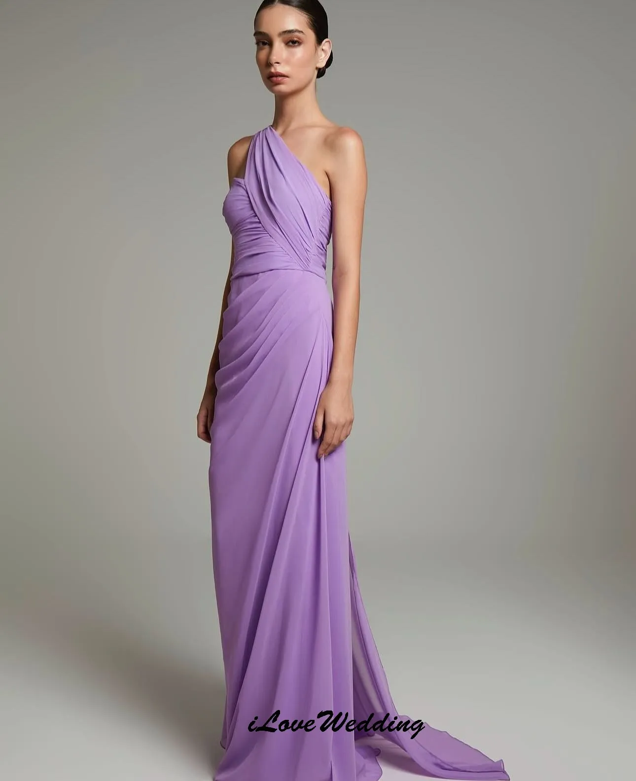 

Purple One Shoulder Chiffon Evening Dresses 2025 Elegant Wedding Party Dress For Woman Ribbons Backless Floor Length Customized
