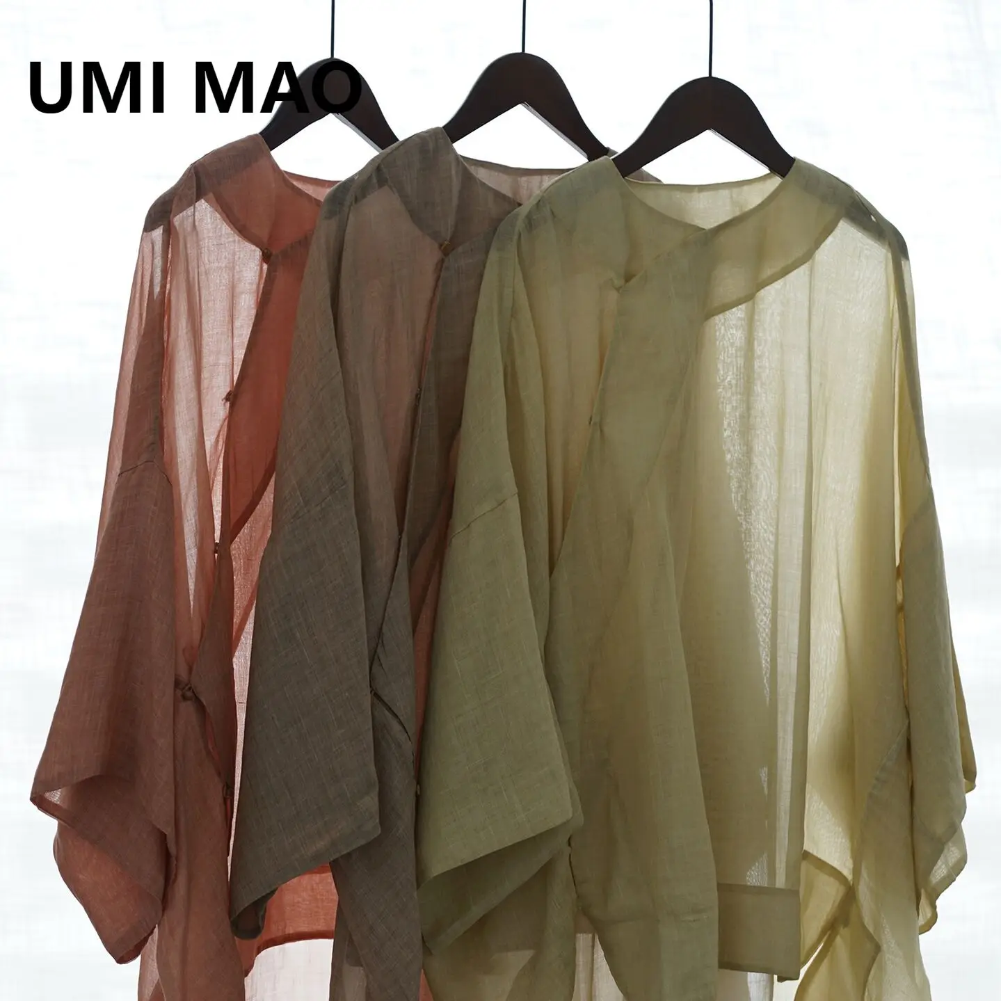 UMI MAO Ramie Top Vintage Spring Summer Dyed Style Asymmetrical Ramie Shirt Chinese Style Wide Sleeve Sunshade Top