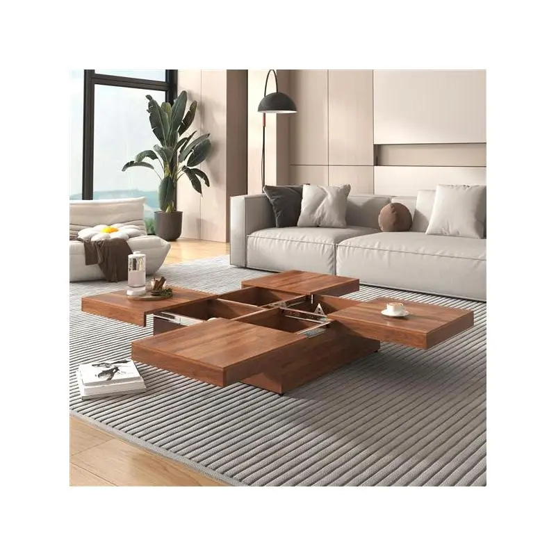 طاولة قهوة مربعة الشكل من الرخام مع سطح منزلق وتخزين بالجوز 39.4